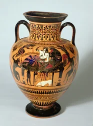 Ânfora de figuras negras representando Dionísio e Banquete de Ariadne, grego, 530-520 aC (argila)