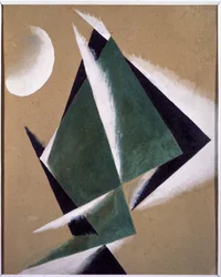 Construção com meia-lua branca. Trabalho de Lyubov (Lyubov) Sergeyevna Popova (1889-1924), guache sobre papelão