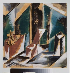 Decoração preparatória. Obra de Lyubov (Lioubov) Sergeyevna Popova (1889-1924), guache sobre papel, por volta de 1910. Arte cenográfica russa, século XX. Coleção privada.