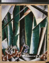 Decoração preparatória para a peça ""o chanceler e o serralheiro"". Obra de Lyubov (Lioubov) Sergeyevna Popova (1889-1924), guache e tinta sobre papel