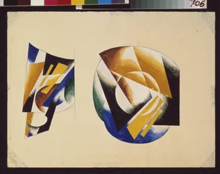 Xícara com seu pires. Obra de Lyubov (Lioubov) Sergeyevna Popova (1889-1924), lápis e guache sobre papel