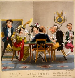 Uma borracha real! Em Whist, impressão feita por George Hunt, 1827 (gravura colorida à mão)