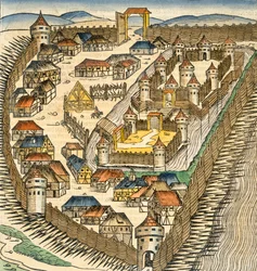 Sabatz, ilustração de &39;The Chronicle Liber&39; (Nuremberg Chronicle) por Hartmann Schedel (1440-1514), pub. Nuremberg, 1493 (gravura colorida à mão)