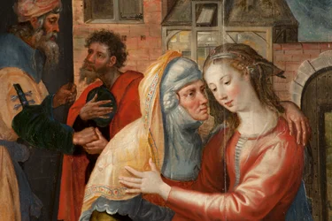 Adoração dos Magos, Tríptico, Painel esquerdo: A vida da Virgem Santa, detalhe, pintura em madeira