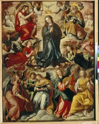 A coroação da Virgem. A Assunção da Virgem, rodeada de anjos músicos e cantores, é coroada por anjos e encimada pelo Espírito Santo; em oração, é acolhida por Cristo levando a sua Cruz. Representação.