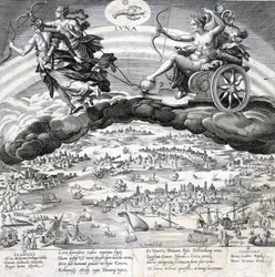 Luna: alegoria da Lua (Diana) e do Escorpião que está sob sua influência (signo do Zodíaco) - gravura de Maaerten de Vos (Martin de Vos, Marten de Vos) (1532-1603), n.d.