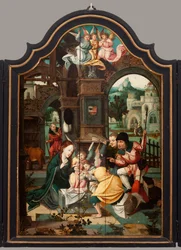 Tríptico. Maarten de Vos. Século XVI. Óleo sobre madeira. Altarpiece aberto painel central.