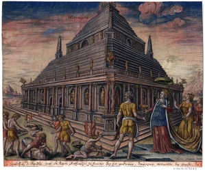 O Mausoléu de Halicarnassus (da série "As Oitas Maravilhas do Mundo") Depois de Maarten van Heemskerck - Galle, Philipp (1537-1612) - 1572 - Gravura, aguarela - Bibliotheque municipale de Lyon