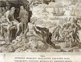 Campo de Batalha no Novo Mundo em 1530, placa 6 de "As Conquistas Militares do Imperador Carlos V", gravado por Dirk Volkertsz Coornhert (1522-90), 1555