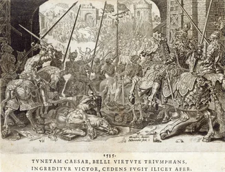 A Conquista de Túnis em 1535, placa 7 de "As Conquistas Militares do Imperador Carlos V", gravada por Dirk Volkertsz Coornhert (1522-90), 1555 (gravura e gravura)