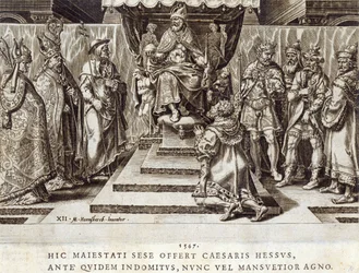 A Submissão de Philip, Landgrave de Hesen em 1547, placa 12 de "As Conquistas Militares do Imperador Carlos V", gravada por Dirk Volkertsz Coornhert (1522-90), 1555 (gravura e gravura)