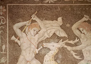 A Caça ao Veado, pormenor dos caçadores, da "Casa do Rapto de Helena" (mosaico)