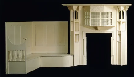 Uma cerca de fogo de lenha pintada e um inglenook projetado para Glencrutchery House, Douglas, por volta de 1897, c.1897 (madeira pintada)
