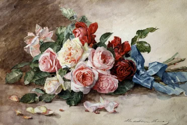 Bouquet de flores de rosas. Pintura de Madeleine Jeanne Lemaire (1845-1928) Coleção particular.