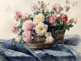 Cesto de rosas. Pintura de Madeleine Jeanne Lemaire (1845-1928) Coleção particular.