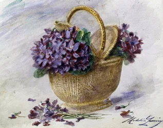 Um cesto de violetas. Pintura de Madeleine Jeanne Lemaire (1845-1928 francês) Coleção particular