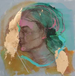 Lost In Thought 6, 2020 (acrílicos, pastéis e folha de ouro sobre papel)