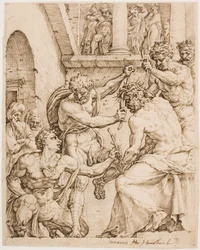 Cristo sendo coroado de espinhos, c. 1548 (Caneta, tinta marrom e giz preto em papel amarelo)