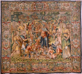 Museu Diocesano (Museu Diocesano). tapeçaria flamenga. Bruxelas. Oficina François Geubels. Série A História de Gideão. Os israelitas entregam sua parte do despojo a Gideão. Seda e lã. Legado de Bisho