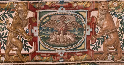 Museu Diocesano. Tapeçaria flamenga. Bruxelas. Ateliê François Geubels. Série História de Gideão. Os israelitas entregam a Gideão a sua parte do saque. Seda e lã. Legado do bispo.