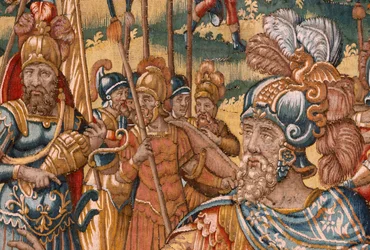 Museu Diocesano (Museu Diocesano). tapeçaria flamenga. Bruxelas. Oficina François Geubels. Série A História de Gideão. Os israelitas entregam sua parte do despojo a Gideão. Seda e lã. Legado de Bisho