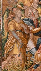 Museu Diocesano (Museo Diocesano). Tapeçaria flamenga. Bruxelas. Atelier François Geubels. Série História de Gideon. Os israelitas entregam a sua parte do espólio a Gideon (Los israelitas entregan a Gedeón su parte del botín). Seda e lã. Legado de Bisho