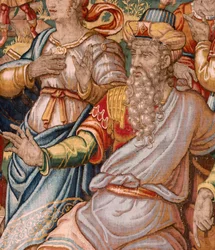 Museu Diocesano (Museu Diocesano). tapeçaria flamenga. Bruxelas. Oficina François Geubels. Série A História de Gideão. Joás é informado de que Gideão destruiu o altar de Baal (Joás é informado de que Gideão derrubou o altar de Baal). Seda e lã. Beque