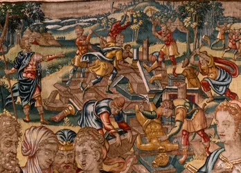 Museu Diocesano (Museu Diocesano). tapeçaria flamenga. Bruxelas. Oficina François Geubels. Série A História de Gideão. Joás é informado de que Gideão destruiu o altar de Baal (Joás é informado de que Gideão derrubou o altar de Baal). Seda e lã. Beque