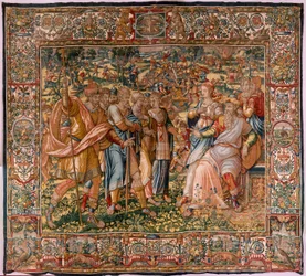 Museu Diocesano (Museu Diocesano). tapeçaria flamenga. Bruxelas. Oficina François Geubels. Série A História de Gideão. Joás é informado de que Gideão destruiu o altar de Baal (Joás é informado de que Gideão derrubou o altar de Baal). Seda e lã. Beque