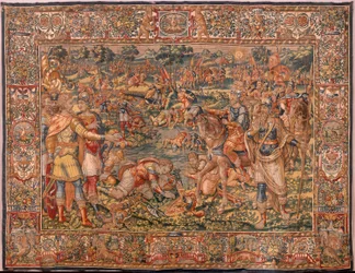 Museu Diocesano. tapeçaria flamenga. Bruxelas. Atelier François Geubels. Série História de Gideão. Os guerreiros são escolhidos. Seda e lã. Legado do Bispo Vicente Roca de la Serna. Barroco. 1534-1571, no séc.