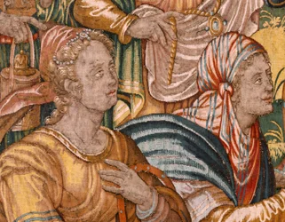 Museu Diocesano (Museo Diocesano). Tapeçaria flamenga. Bruxelas. Atelier François Geubels. Série História de Gideon. Os israelitas entregam a sua parte do espólio a Gideon (Los israelitas entregan a Gedeón su parte del botín). Seda e lã. Legado de Bisho