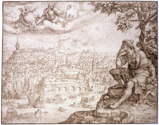 Jonas, sentado sob a cabaça, contempla a cidade de Nínive, 1566 (caneta e tinta marrom com uma caneta no papel)