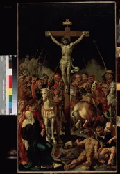 "" O Calvário"" (Calvário) A crucificação. Inscrição ""INRI"" na cruz. Painel central de um tríptico. Pintura de Maarten van Heemskerck (Maerten Heemskerk van Veen) (Marten, Martin) (1498-1574) 1545-1550 Dim. 100,7x58,3 cm Museu Hermitage, Sain