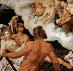 Marte e Vénus presos na rede de Vulcano - Maarten Jacobsz van Heemskerck (1498-1574). Óleo sobre madeira, c. 1540. Dimensões: 96x99 cm. Museu de História da Arte, Viena