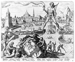 O Colosso de Rodes, prato 4 das Oito Maravilhas do Mundo, engr. Philips Galle, 1572