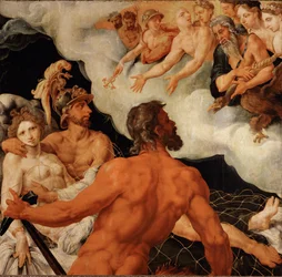 Vulcano apanhou Vénus e Marte numa rede e mostra-os aos Deuses risonhos (pintura sobre madeira de carvalho)