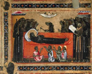 História da vida de São Francisco a partir do retábulo de São Francisco de Assis. Pormenor da morte de São Francisco de Assis. Pintura do Mestre de São Francisco Bardi. Escola florentina da primeira metade do século XIII.