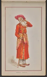 Funcionário idoso da corte do durbar de Kolhapur, vestido com um casaco vermelho e turbante cor-de-rosa (aguarela sobre papel)
