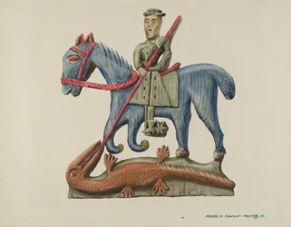 São Jorge e o Dragão, Esculpido em Seção de Tábua - Pintado, c. 1938.