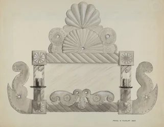 Moldura de Espelho de Lata com 2 Soquetes de Velas, c. 1937.