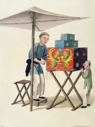 Um homem com um show de raraee, prato 10 de &39;The Costume of China&39;, gravado por J. Dadley, 1800