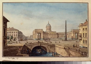 La cathedrale Kazan a Saint Petersbourg (A Catedral de Kazan em São Petersburgo) - Oeuvre de Maxim Nikiphorovich Vorobyev (Vorobiev) (1787-1855), encre et aquarelle sur papier