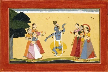Krishna dançando diante das vaqueiras enquanto batem palmas, c.1730-1735