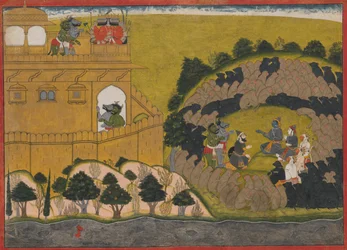Rama lança os espiões demoníacos Shuka e Sarana: Folio da série Siege of Lanka, ca.1725.