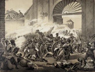 Espanha. Guerra da Independência (1808). Segundo de maio em Madrid. Morte de Luis Daoiz defendendo o Parque Monteleon. Gravura a partir de uma pintura de Manuel Castellano. Litografia.