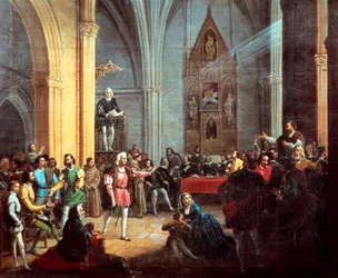 Cristóvão Colombo durante a leitura da Real Pragmática, detalhe de uma pintura de Manuel Cabral y Aguado Bejarano. Século XIX