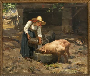 A refeição dos porcos; Pintura de Manuel Henrique Pinto (1853-1912), óleo sobre madeira