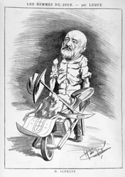 Transformações de Paris sob o Segundo Império, Haussmann Paris: desenho humorístico retratando Jean Charles Adolphe Alphand (1817-1891), engenheiro. Ele participou da renovação de Paris liderada pelo Barão Haussmann entre 1852 e 1870. Gravura em "Les h