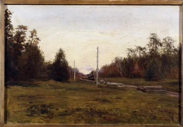 Paisagem com um trem. Pintura de Manuil Christoforovich Aladzhalov (1862-1934). Óleo sobre cartão, 29,5 x 43,5 cm. Arte russa do início do século 20. Museu de Arte Regional, Plyos. ©FineArtImage/Leemage
