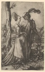Senhor e senhora andando com a figura da morte, se escondendo atrás de uma árvore, segurando uma hora ..., ca. 1500-1534.
